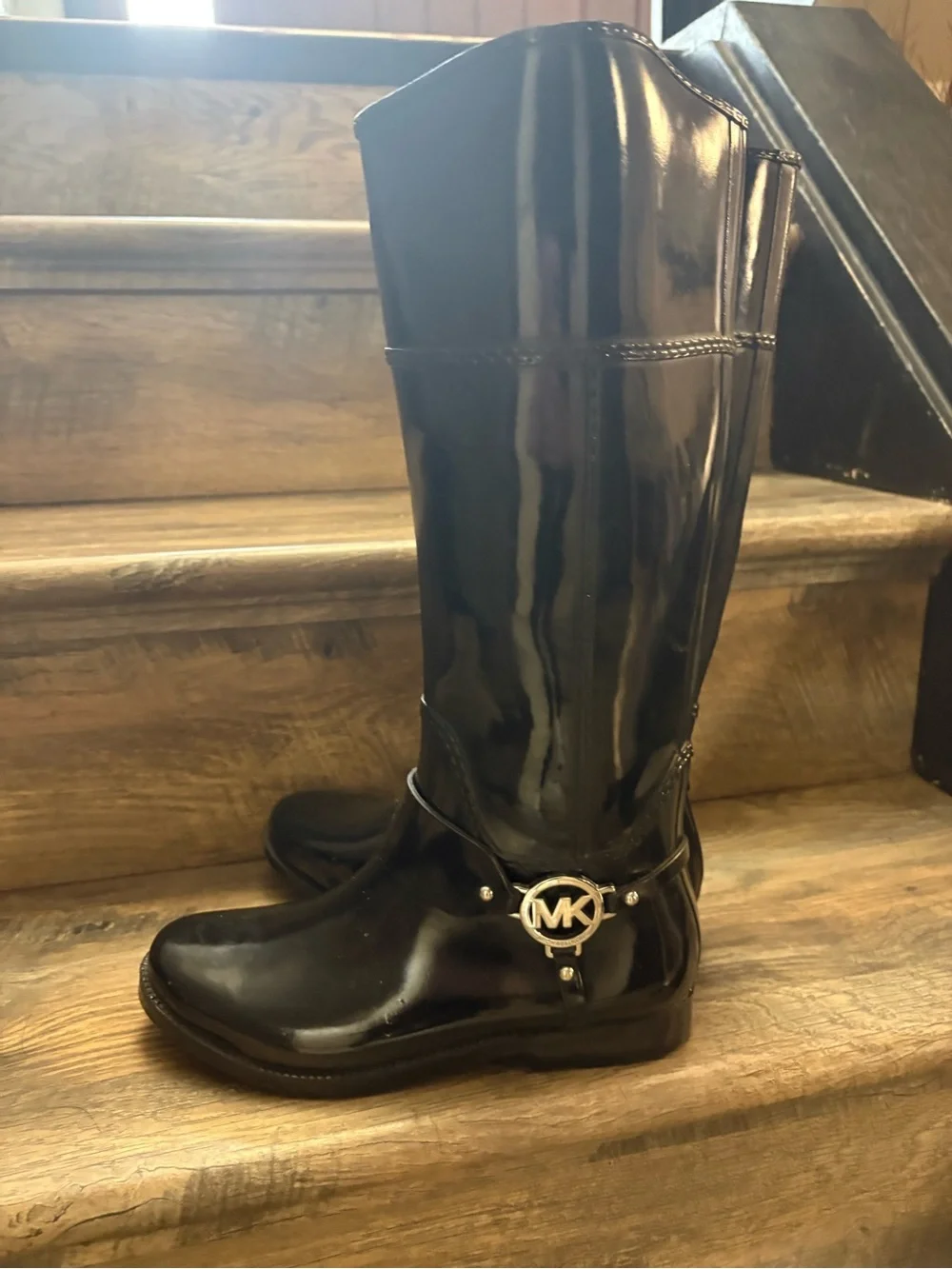 Michael Kors Black Patent Tall Riding Boots with MK Charm
